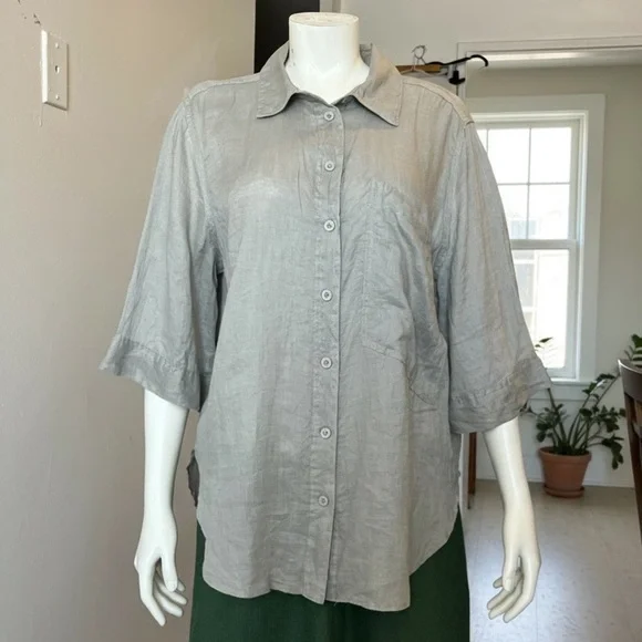 Zara 100% Linen Taupe Gray Lightweight Boxy Shirt Size Large Button Down Casual - Picture 2 of 11